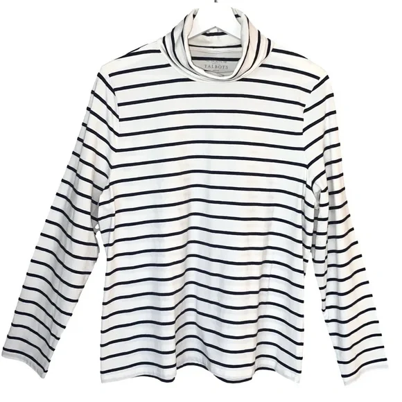 TALBOTS Turtleneck Chloe Top Long Sleeve Cream Black Stripe Women Petite XL NWOT - Picture 2 of 8